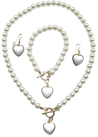 Dishowme Perle Herz Halskette Ohrringe Sets 4Pcs Vintage Kunstperle Armband Liebe Herz Choker Halskette Schmuck Sets für Damen Frauen (Weiß)