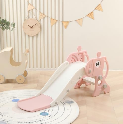 Toddler Slide, Baby's First Slide with Basketball Hoop, Free Standing Slide for Kids (Pink)