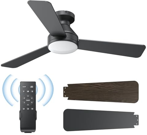 Ceiling Fans with Lights, 42 Inch Ceiling Fan with Light And Remote, 3CCT Flush Moun Low Profile Ceiling Fans, 6 Speed Noiseless LED Ceiling Fan, Black Ceilings Fan with Remote for Bedroom Living Room