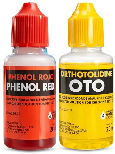 Kit di ricambio per test cloro e pH, flacone liquido fenolo e oto in gocce, accessori base per piscina, adatto a qualsiasi tipo di acqua, contiene 20 ml di fenolo e 20 ml OTO in gocce