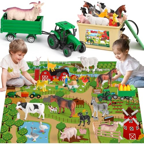 KNASON Animaux de la Ferme Enfant avec Grand Tapis de Jeu 120x80cm,38 Pièces Ferme Jouet Set avec Figurine Animaux,Tracteur Jouets et Outils de Fermes,Éducatif Jouet Cadeaux pour Enfants 3 4 5 Ans