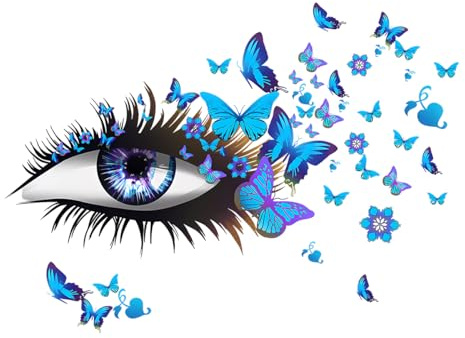 Adesivo murale occhio con farfalle blu in stile artistico moderno, effetto 3D elegante per pareti di salotto, camera da letto, studio estetico, nail art o vetrine – 80x60 cm