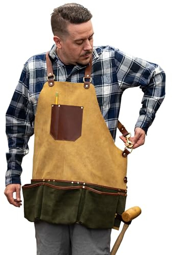Kings County Tools Shop Apron - Premium Suede and Leather Woodworking, Carpenters, Cooking, or BBQ Apron for Men with 7 Pockets, Cross Straps, and Brass Fasteners - Leather Gifts for Men