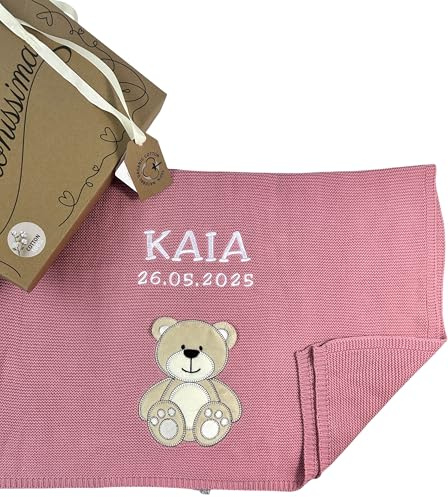 KIDDI-MEDIA Babydecke, 100% Baumwolle, Altrosa Bär | Mit Namen und Geburtsdatum, in repräsentativer Geschenkbox, zur Taufe, Geburt, Babyparty, auch als Überwurfdecke