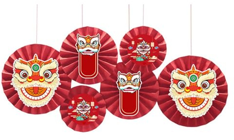 Chinesische Dekoration zum 1. Geburtstag, runde Muster, Papiergirlanden, Party-Dekorationen, Löwen, Tanz, Geburtstag, Hintergründe, chinesische Papierfächer-Set