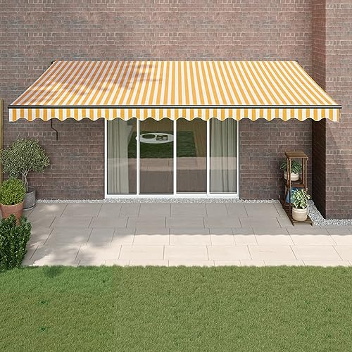 Tenda parasole retrattile, 5 x 3 m, motorizzata, manuale, per patio, baldacchino, tessuto giallo e bianco, perfetto per balcone, terrazza, giardino, copertura in alluminio impermeabile.