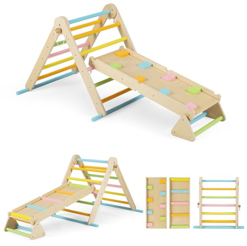 COSTWAY Toddler Climbing Frame, Wooden Kids Montessori Triangle Ladder Climber with Double Sided Ramp, Indoor Play Gym for Boys Girls (Colorful)