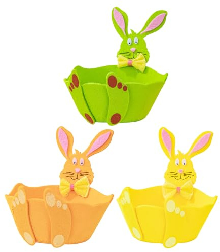 SOLUSTRE 3 Stück Filzhasenkörbe mit Hasenmotiv Kleine Osterkörbe aus Filz in Grün Gelb und Orange Aufbewahrungstaschen für Ostereiersuche und Kinderzimmerdekoration