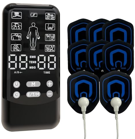 Electroestimulador Muscular, 3 en 1 TENS/EMS/Masaje Maquina Corrientes Rehabilitacion Fisioterapia 24 Programas 30 Intensidades con 2 Canales 8 electrodos para el Alivio del Dolor