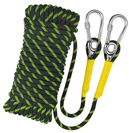 YIUBCZOQI 10m Corde d'escalade Statique 8mm avec 2 mousquetons, UIAA | Nylon haute résistance, résistant, l'abrasion et aux UV, Noir Fluorescent, Adaptée l'alpinisme, le camping, secours.