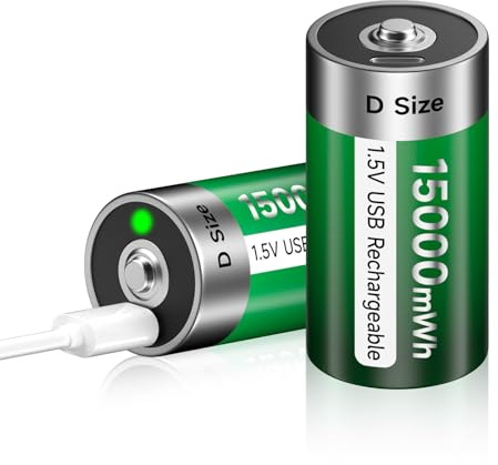 Palogreen 15000mWh USB D Batteries Lithium - 1.5V USB D Cell Batteries Rechargeable Batteries Quick Charge in 4 Hours With Type C Charging Cable (2Pcs)