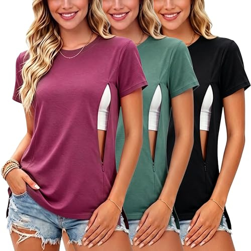 Ecavus 3er Pack Damen Stillshirt mit Verstecktem Reißverschluss Stilltee | Weiches Stretchmaterial, Rundhals, seitliche Schlitze, bequemes Stillen, für Alltag & Zuhause