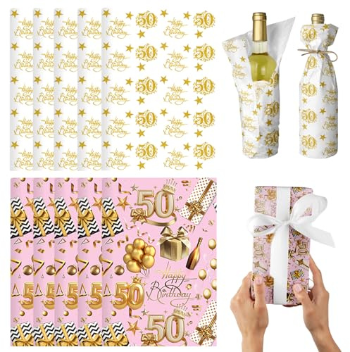 POPOYU Roséguld födelsedagspresent omslagspapper set, gör-det-själv presentinslagningskit för kvinnor, henne, 5 premium glansiga belagda omslagspapper, 5 silkespapper och 5 satinband för 50:e