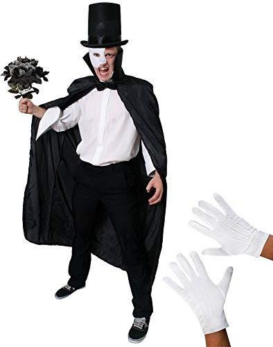 Déguisement de fantôme musical pour homme – Masque blanc, nœud papillon, cape noire à col, bouquet de roses, haut de forme (58cm) et gants blancs – Parfait pour Halloween (demi-masque latéral)