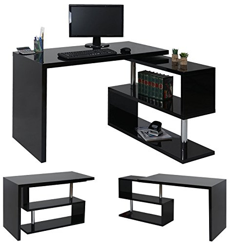 Mendler Design Eckschreibtisch HWC-A68 Hochglanz drehbar 120x60cm - schwarz | Bürotisch, Schreibtisch
