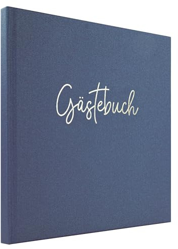 DeinWeddingshop Gästebuch blanko 104 Seiten mit Leinen-Bezug und edler Prägung | Geburtstag Hochzeit Ferienwohnung Taufe Babyparty | Hardcover 21x21cm | Marine-Blau