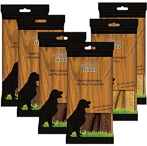 Schecker Kausnack - 6 x 200 g - Harte Kaustangen - aus Reis - Kartoffel - Teig - mit Pferd und Lamm - kleine Brotzeit