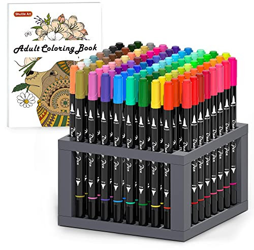 Shuttle Art Dual Tip Pinselstifte, 96 Farben Feine und Pinselspitze Marker Set mit Stifthalter & 1 Malbuch, Filzstift Malstifte für Erwachsene und Kinder Färben Kalligraphie Journal Doodling