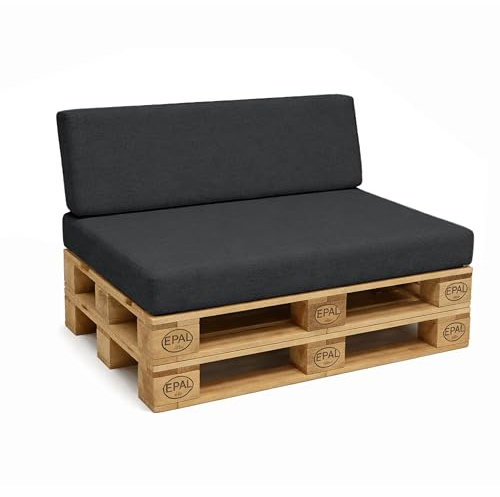 POKAR Set di Cuscini per Europallet da 2 pezzi: 1x Cuscino-sedile 120x80cm + 1x Cuscino-schienale 120x40cm, per Divano da Giardino, per Interno ed Esterno, schiuma fredda, senza Pallet, antracite