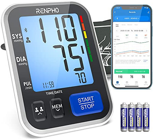 RENPHO Smart Blood Pressure Monitors - Upper Arm Blood Pressure Machine with App, Home Use Blood Pressure Monitor Large Cuff and Large Display, Two Users Memory, Heart Rate Detection