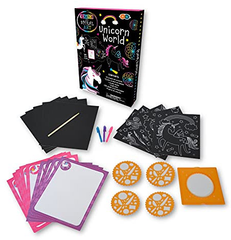 Buddy & Barney - Einhörner Kratz- und Spiral-Kunst-Set | 38-teiliges Set Kreatives Kit für Kinder 10 Kratzblätter, 3 Gelstifte, 20 Blatt Papier, 4 Spiral-Kunstschablonen für Kinder 3 4 5 6 7 8 Jahre