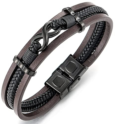 COOLSTEELANDBEYOND DREI Reihen Infinity Liebe Unendlich Number 8 Verflochtenen Braun Schwarz Geflochtene Leder Armband für Herren Damen