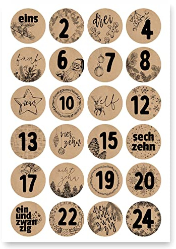 Adventskalender Aufkleber (Zahlen 1-24) - Sticker für Kalender zum selber basteln für Weihnachten - Adventskalenderzahlen Etiketten selbstklebend - Zahlenaufkleber - Nummern für Papiertüten - Rund