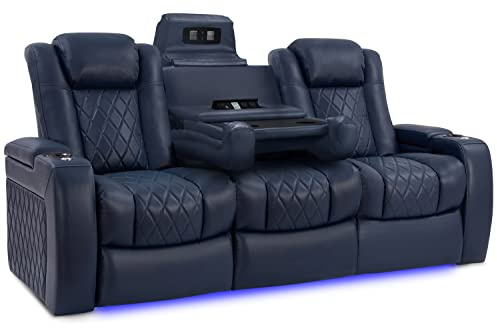 Valencia Tuscany Home Theater Seating | Premium Top Grain Italian Nappa 11000 Leather, Power Headrest, Power Lumbar Support, with Center Drop Down Console (Row of 3, Navy Blue)