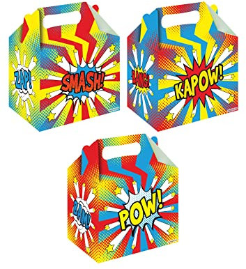 Henbrandt 12 x Superhero Comic Action Words Medium Party Boxes for Birthdays and Weddings Gift Box Party Favours Goodies and Treats Empty Cardboard Picnic Boxes for Food