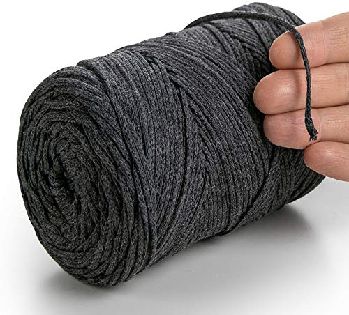 MeriWoolArt® Makramee Garn Graphite 2 mm x 250 m Baumwollkordel, recyceltes weiches Baumwollgarn für das Stricken von Pflanzenhängern, Schmuckherstellung, Häkeltaschen