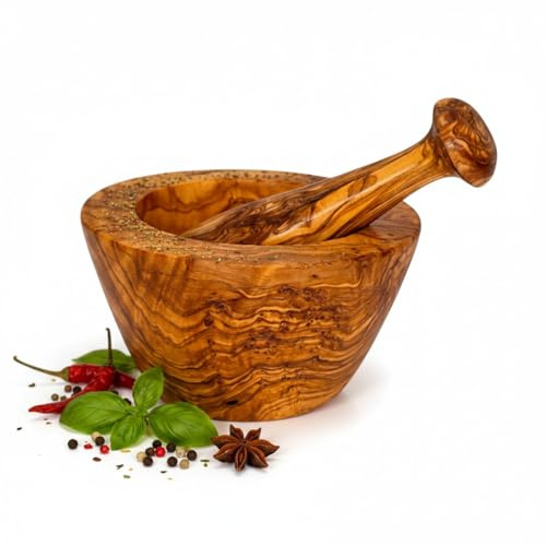 Handcrafted Olive Wood Mortar and Pestle Set | Premium Natural Wood Grinder Bowl Perfect for Herbs Garlic Guacamole Seeds Spices | Rustic Kitchen Tool (Natural Wood Grain, 10 cm)