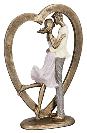 GILDE Poly Figur Liebespaar Paar im Herz, Creme/grau/Flieder/antik goldfarben, 7x18x27cm