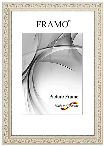 FRAMO Barock Bilderrahmen 33 x 50 cm aus Massivholz | Alt-Weiß Braun | Farbe/Größe wählbar | Retro Vintage Antik Rahmen N°091