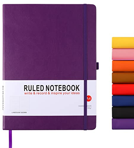 A4 Notebook, Notebook A4 Journal Notebook Hardcover Notepad with Bookmark Composition Notebooks, Pen Loop, and Elastic Closure, 8.3 X 11.18，Purple
