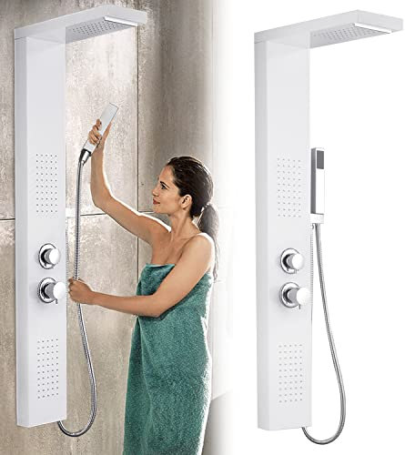 TRMLBE Pannello Doccia Sistema Doccia Doccia a Pioggia in Acciaio Inox Spazzolato Set di Rubinetti per Doccia con Doccetta Massaggiante Doccia a Cascata e Doccia a Pioggia (Bianco Opaco)