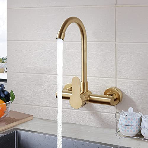 ZYCDP Wasserhahn Küche Wandmontage,Gebürstetes Gold,Edelstahl Kalt und Heiß Küchenarmatur Wandmontage,Einhebelmischer Mischbatterien Armatur für Küche,Wandarmatur Spültischarmatur