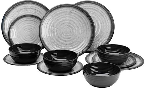 Xtremeauto 12pc Dinner Set Plates and Bowls Set - Dinnerware Sets Melamine Bowl & Plates Crockery Plate Set Dining Tableware Dishes, Dishwasher Safe Set Caravan (Granite Grey 12pc Set)