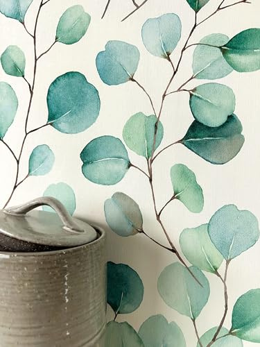 Newroom Vliestapete Türkis Eukalyptus Optik Tapete Wohnzimmer Schlafzimmer | Aquarell Eukalyptus matt feine Leinenstruktur, Skandinavisch Boho Natural, Mustertapete Wandtapete Schlafzimmer Flur