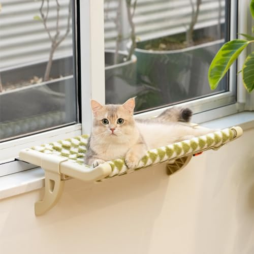 MEWOOFUN Katzen Hängematte für Fensterbank - 50x36cm Katzenbett für Heizung mit Abnehmbarem Bezug, Saugnapffrei, hält 18kg, Grün L