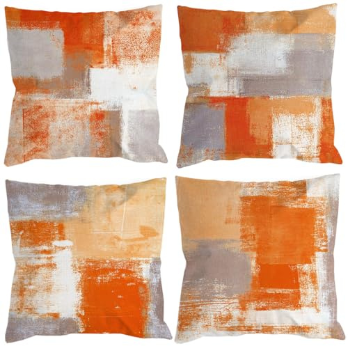 Orange Grau Kissenbezug kissenbezüge 45x45 4er Set Dekokissen Modern Sofakissen Leinen Kissenhülle Abstrakte Gemälde Deko Kissen Aesthetic Couchkissen Kuschelkissen für Sofa Wohnzimmer Zierkissen