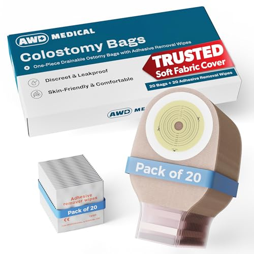 20 PCS Colostomy Bags – Ostomy Supplies - One-Piece Drainable Ostomy Bag with Odor Control for Ilestomy Stoma Care - Includes Measuring Guide and 20 Adhesive Remover Wipes - Cut-to-Fit