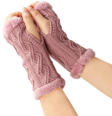 1 Paar Damen Fingerlose Handschuhe,Winter Warmhalten Armstulpen Gestrickte Kurzhandschuhe Halbe Fingerhandschuhe mit Fleece Futter,Strickhandschuhe Armhandschuhe für Outdoor Aktivitäten,Rosa Lila