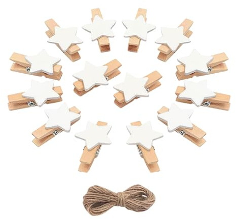 JIHUOO 50 Stück Stern-Wäscheklammern aus Holz, Wäscheklammern, Foto-Clips, Bilderaufhänger, Display-Clips mit Schnur für Hochzeit, Babyparty, 50 Stück