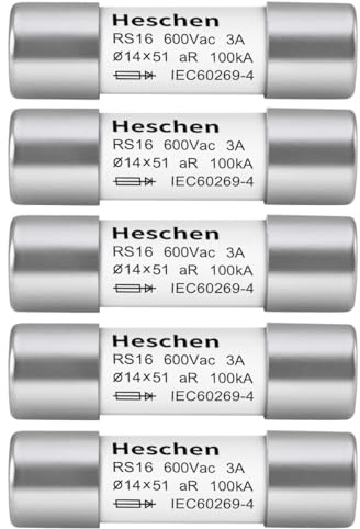 Heschen 5 fusibles cilíndricos de tubería de cerámica, RS16, tipo aR, 14 x 51 mm, 3 A, 600 V CA, 100 kA, 5 unidades