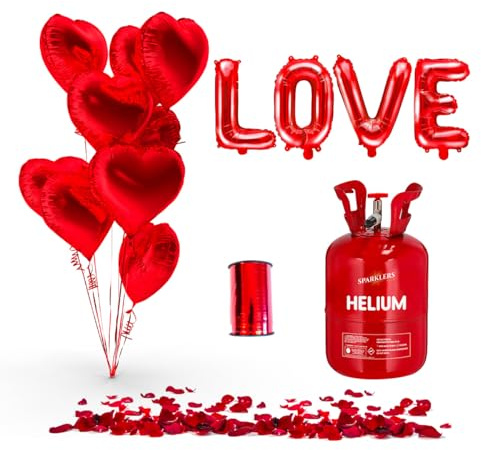 SPARKLERS CLUB PACK MY VALENTINE RED HEART - Ballons C?ur Rouge (x10) + Bouteille Helium + 100 pétales de rose rouge + Ballon LOVE + Ruban en amoureux, idéal pour Saint Valentin