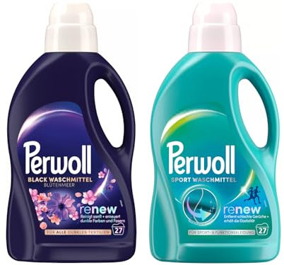 PERWOLL Flüssig-Set 2x 27 Waschladungen (54WL) 1x Black Blütenmeer & 1x Sport, Feinwaschmittel erneuert dunkle Farben und Fasern & Hygiene Waschmittel, entfernt schlechte Gerüche