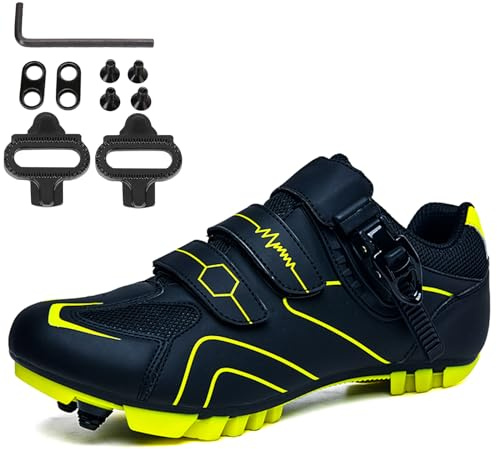 NGARY Fahrradschuhe MTB Herren, Mountainbike Schuhe kompatibel mit SPD 2 Schrauben mit Cleats, Unisex Radsportschuhe Draussen,Black Green,47 EU