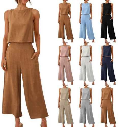 2 Teiler Hosenanzug Damen Elegant Zweiteiler Outfit Sommer Ärmelloses Tank Top und Hose Frühlingsmode Trainingsanzug Baumwolle Leinen Freizeitanzug mit Taschen Sportanzug Leicht Einfarbig Loungewear