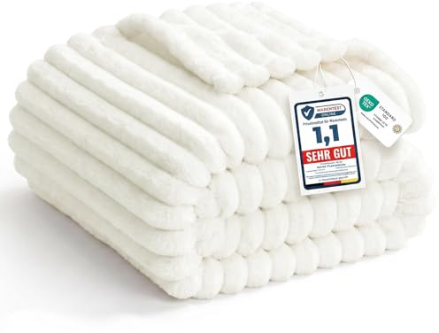 WAVVE Rutig fleecefilt, 220 x 240 cm, filt för enkelsäng/dubbelsäng, 300 gsm, 240 x 220 cm, stor, varm, mjuk soffilt, vit ull