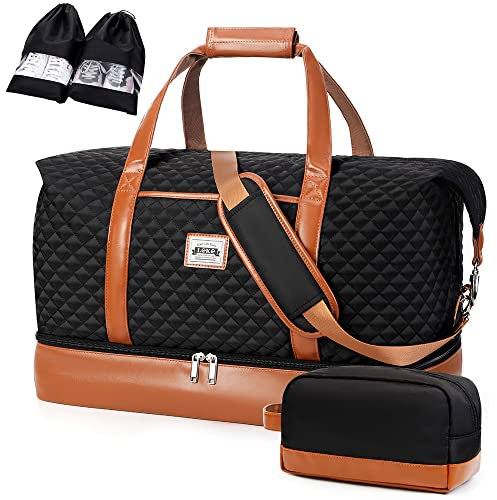 Lekespring Reisetasche Damen, Reisetasche Handgepäck Sporttasche Weekender Tasche Für Flugzeug, Kliniktasche Geburt, Duffle Bag mit Kulturbeutel und 2 Schuhsäcken, 35L, Schwarz